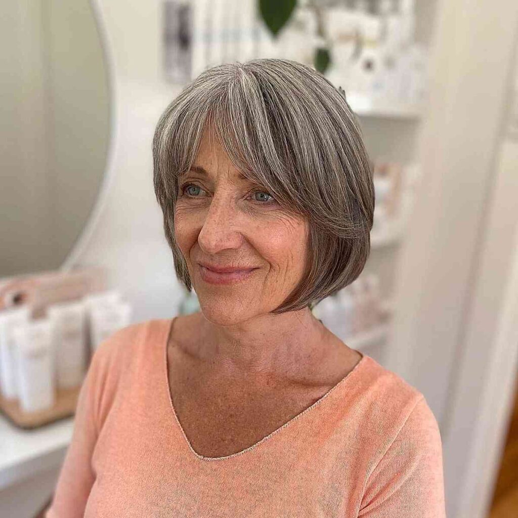 french bob with curtain bangs for fine haired ladies 60 and up