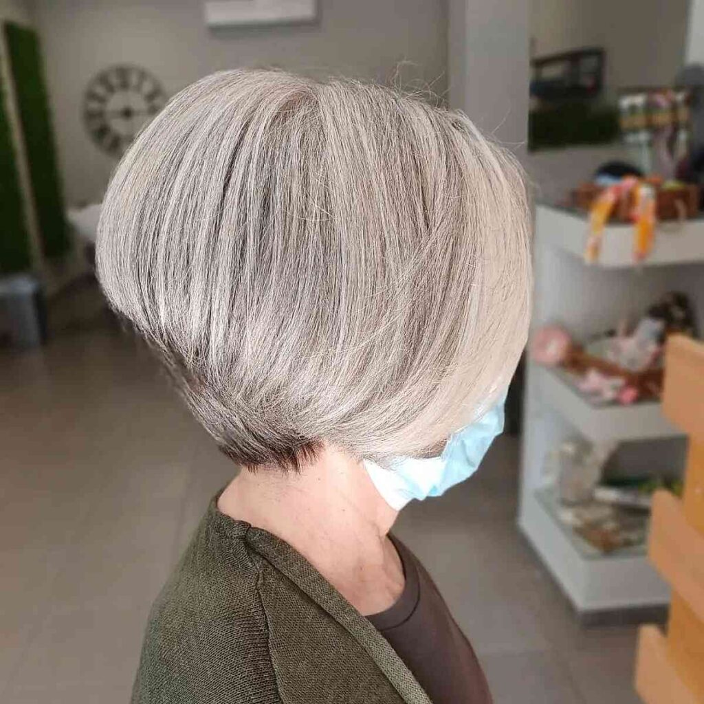 wash and wear short stacked bob for a 60 year old woman