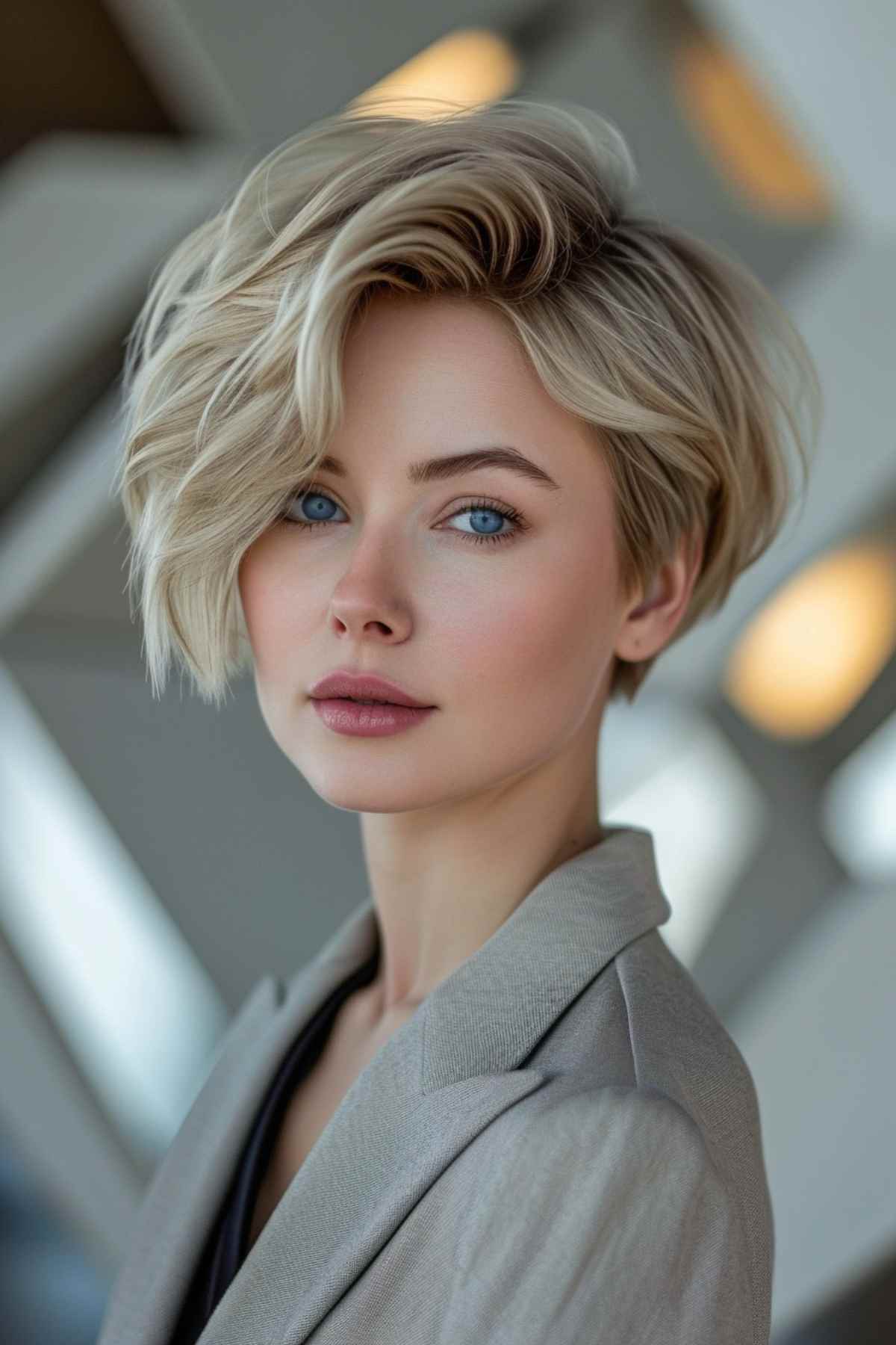 a bold pixie bob with an asymmetric sweep on a woman in her 30s