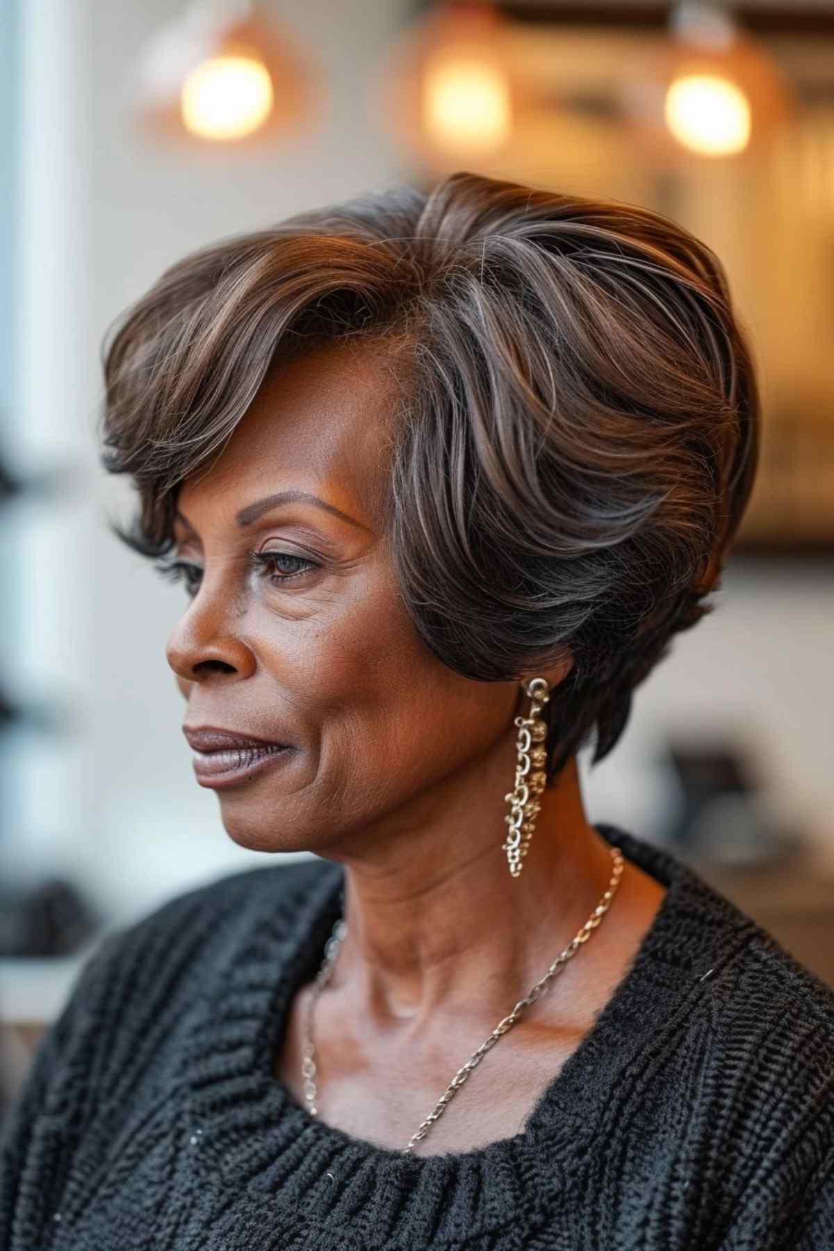 a feathered pixie bob on a woman over 70 exuding timeless elegance