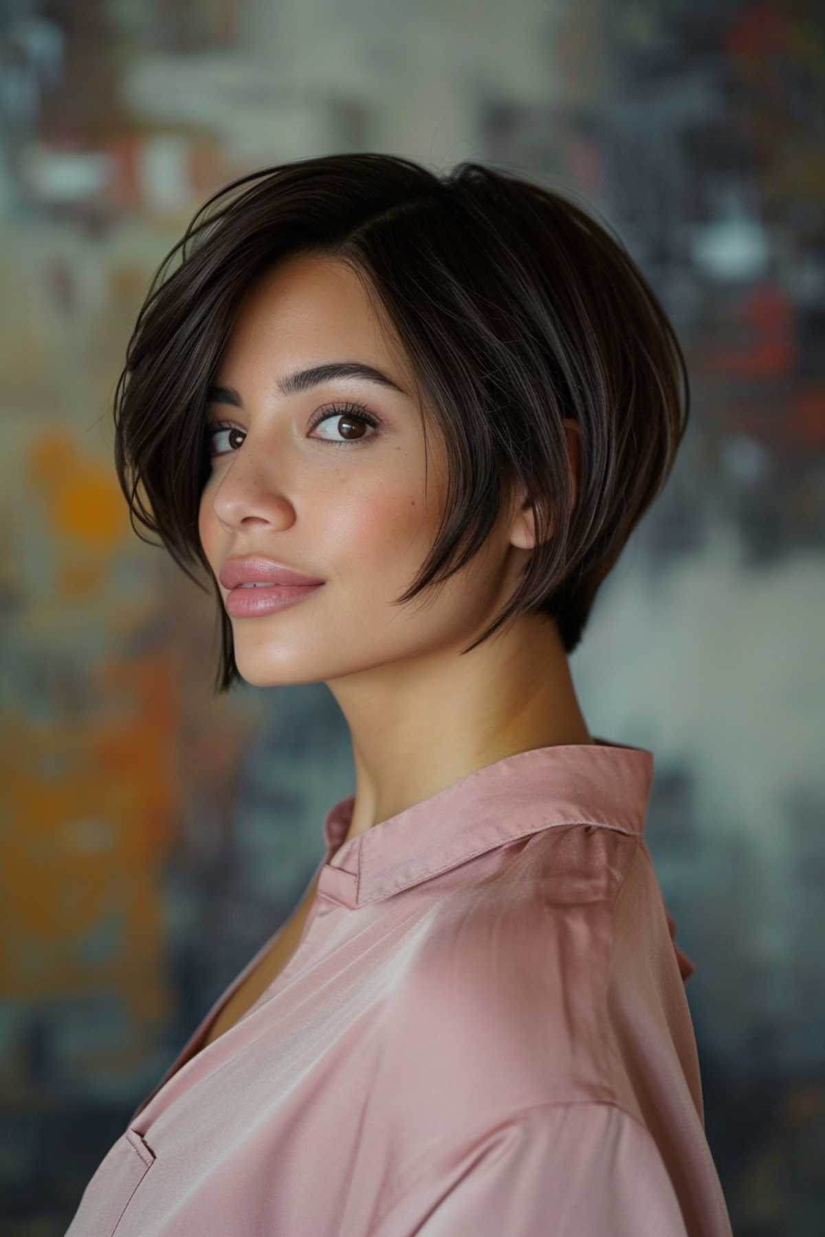 a modern pixie bob with a sleek side part on a woman