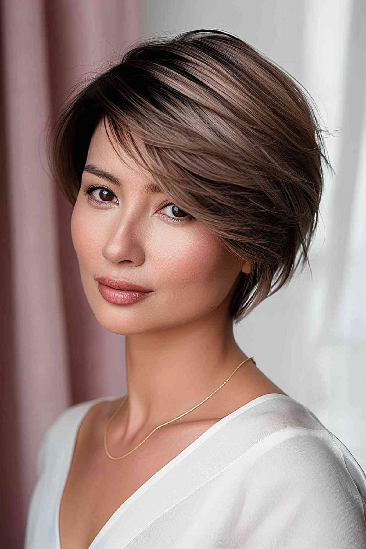 a subtle pixie bob with a gentle side part ideal for daily wear