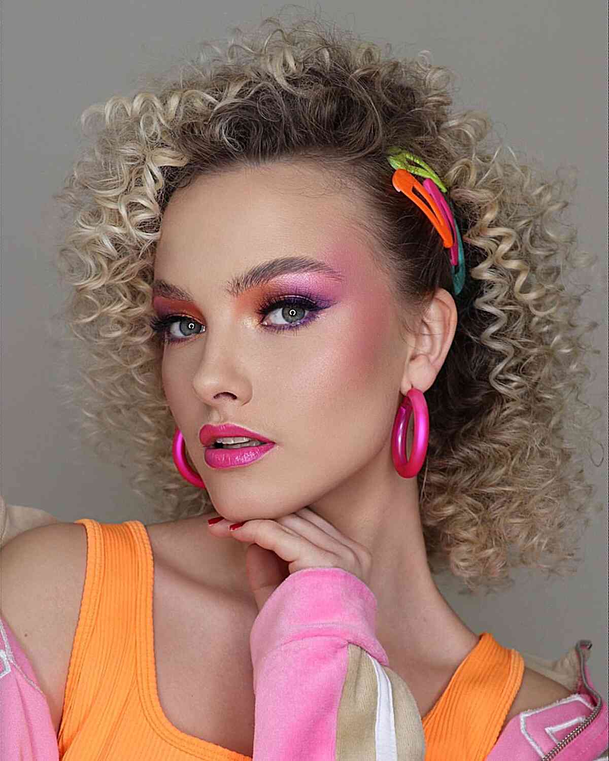 80s side swept retro curly hair with colorful clips