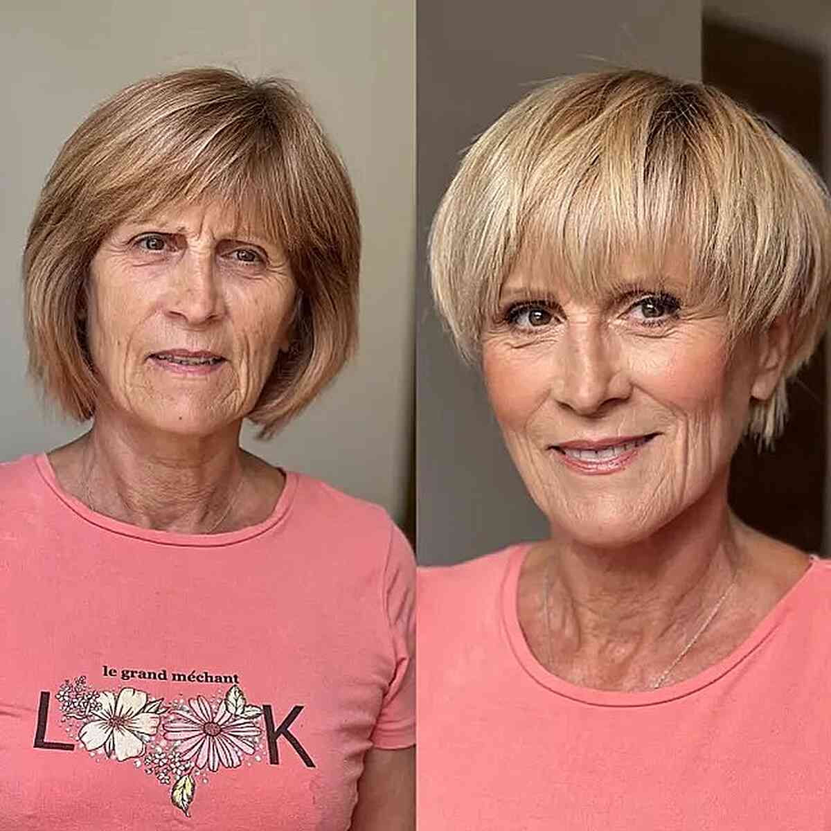 ear length pixie bob bowl cut with fringe for fine haired older women