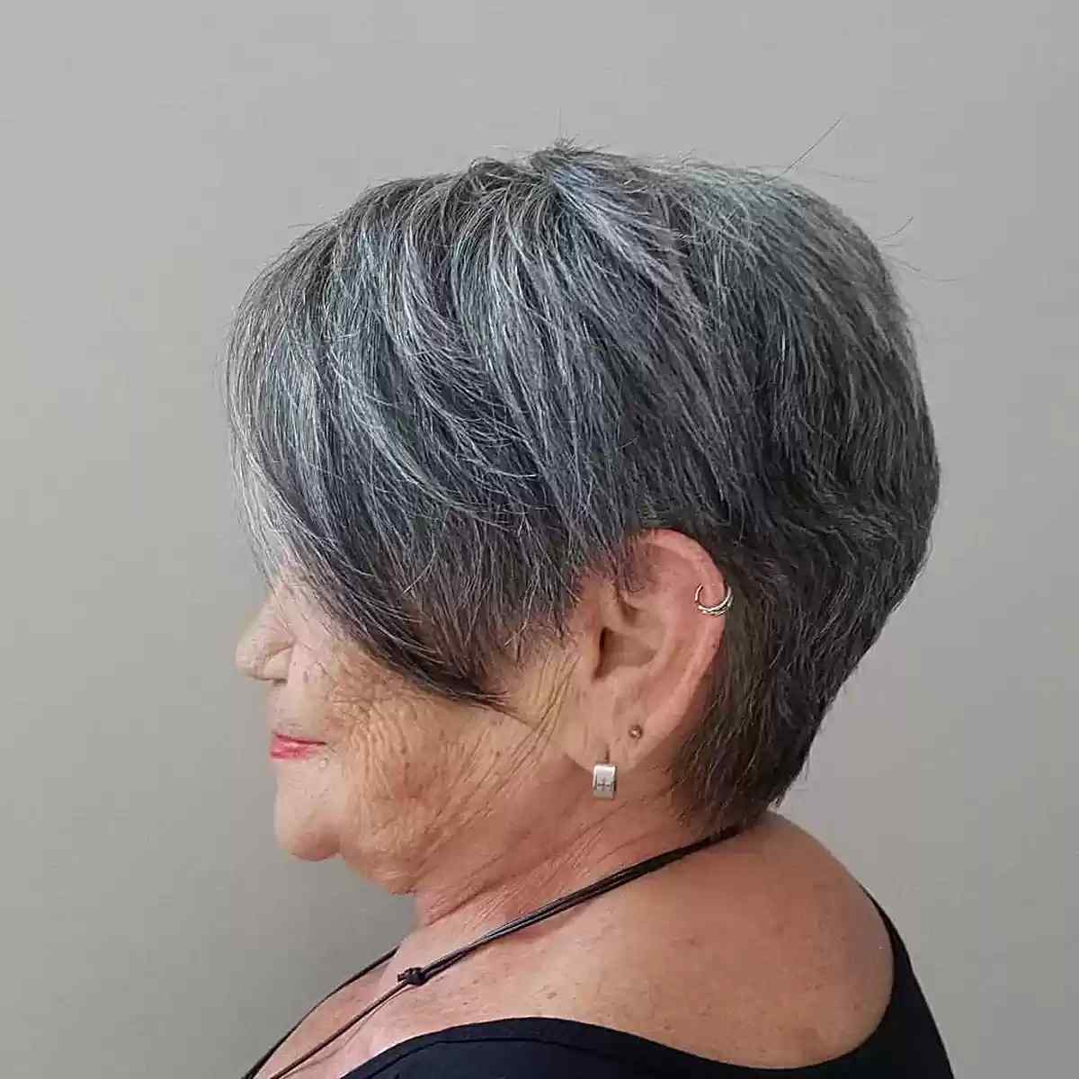 short and low maintenance gray pixie bob with side fringe for seniors