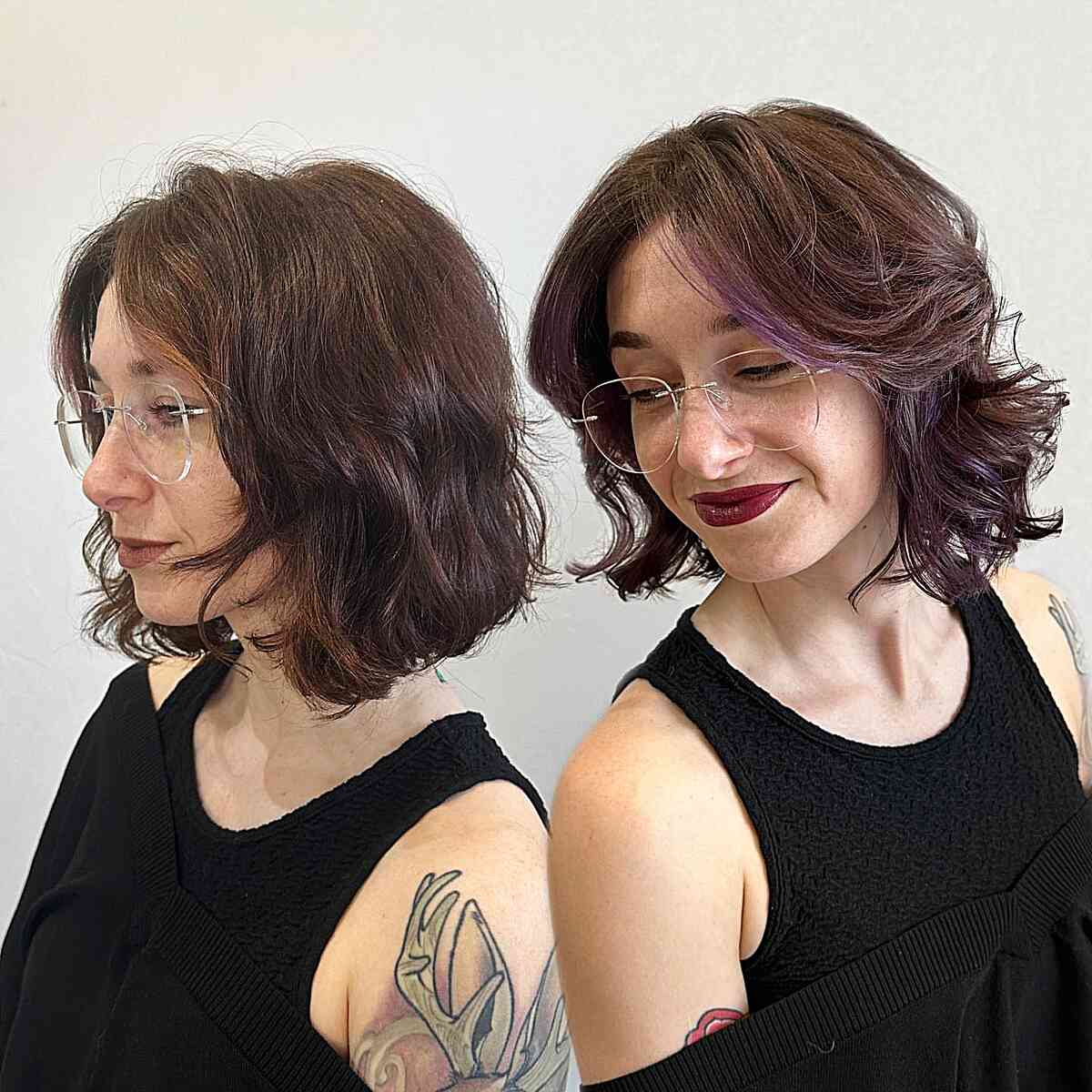 short butterfly layered haircut with soft violet money piece