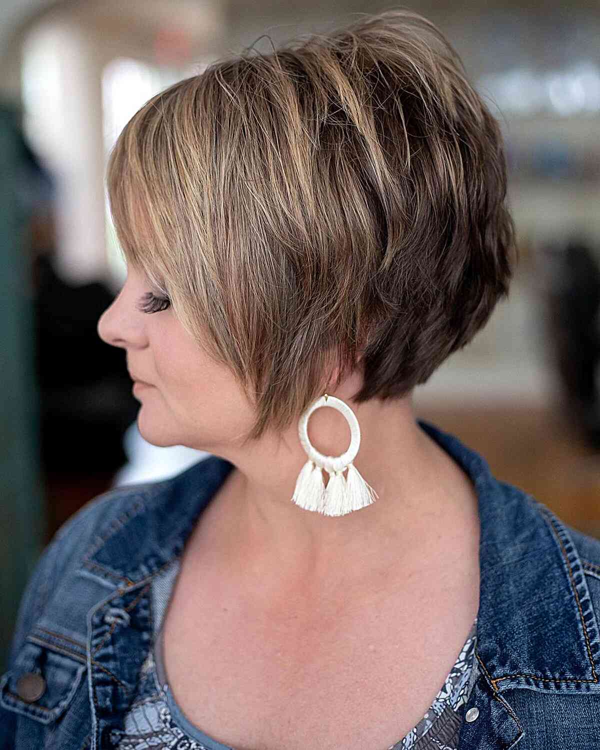 super short wedge cut with choppy layers on older women aged 40