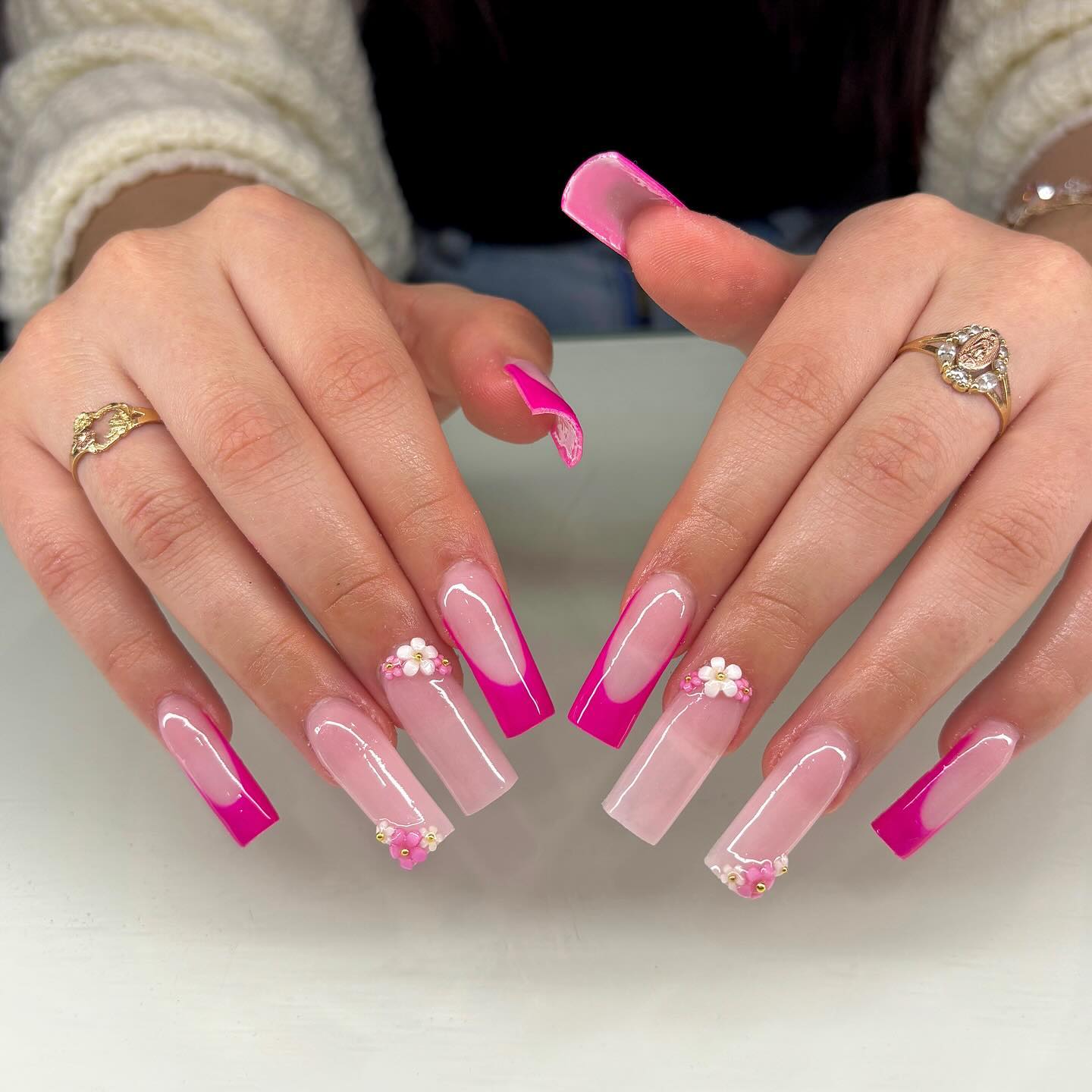 Hot Pink Nails With Flowers 19 1