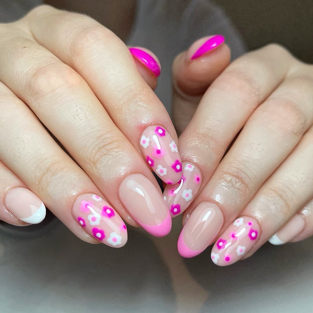 Hot Pink Nails With Flowers 22 1