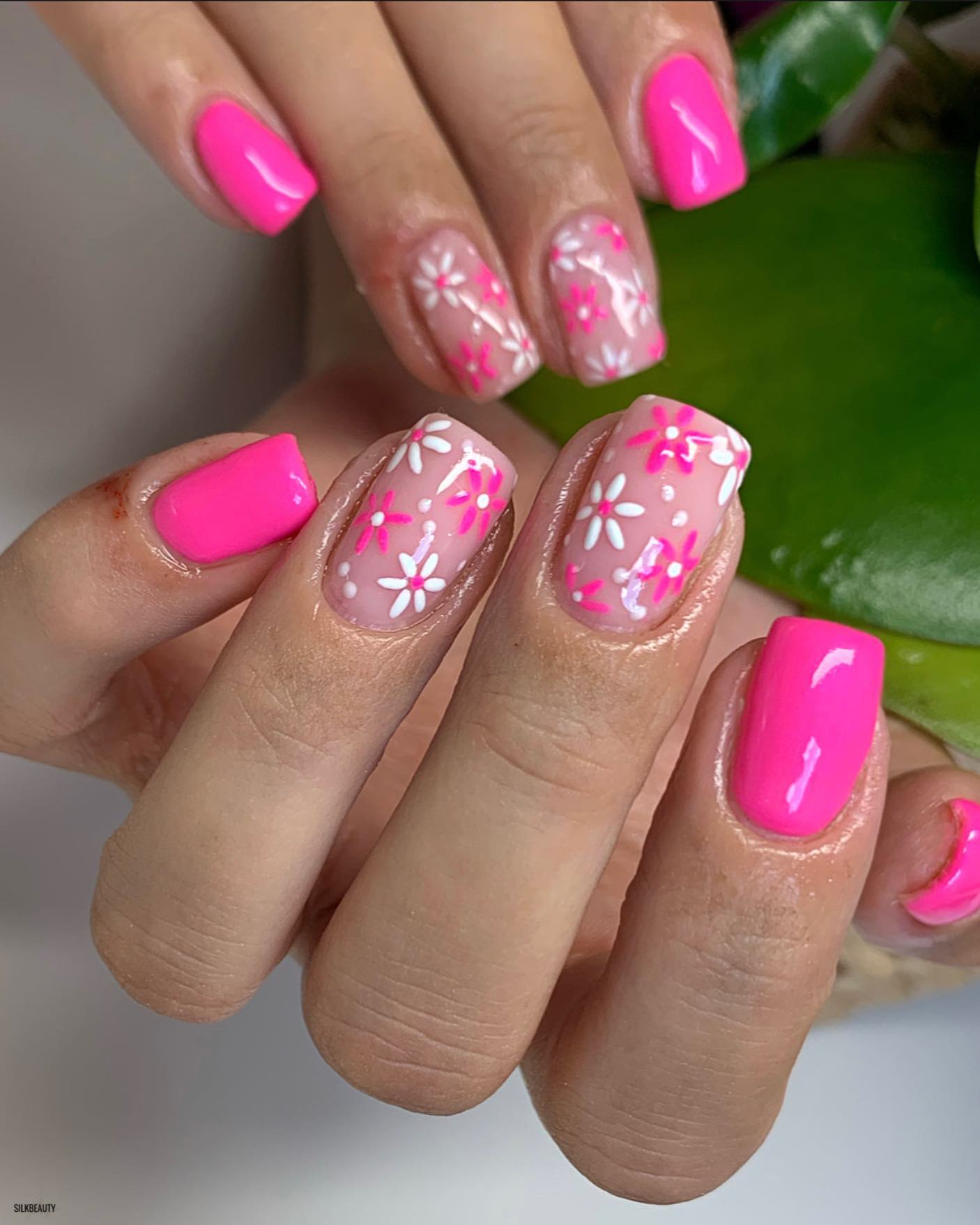 Hot Pink Nails With Flowers 33 1 1