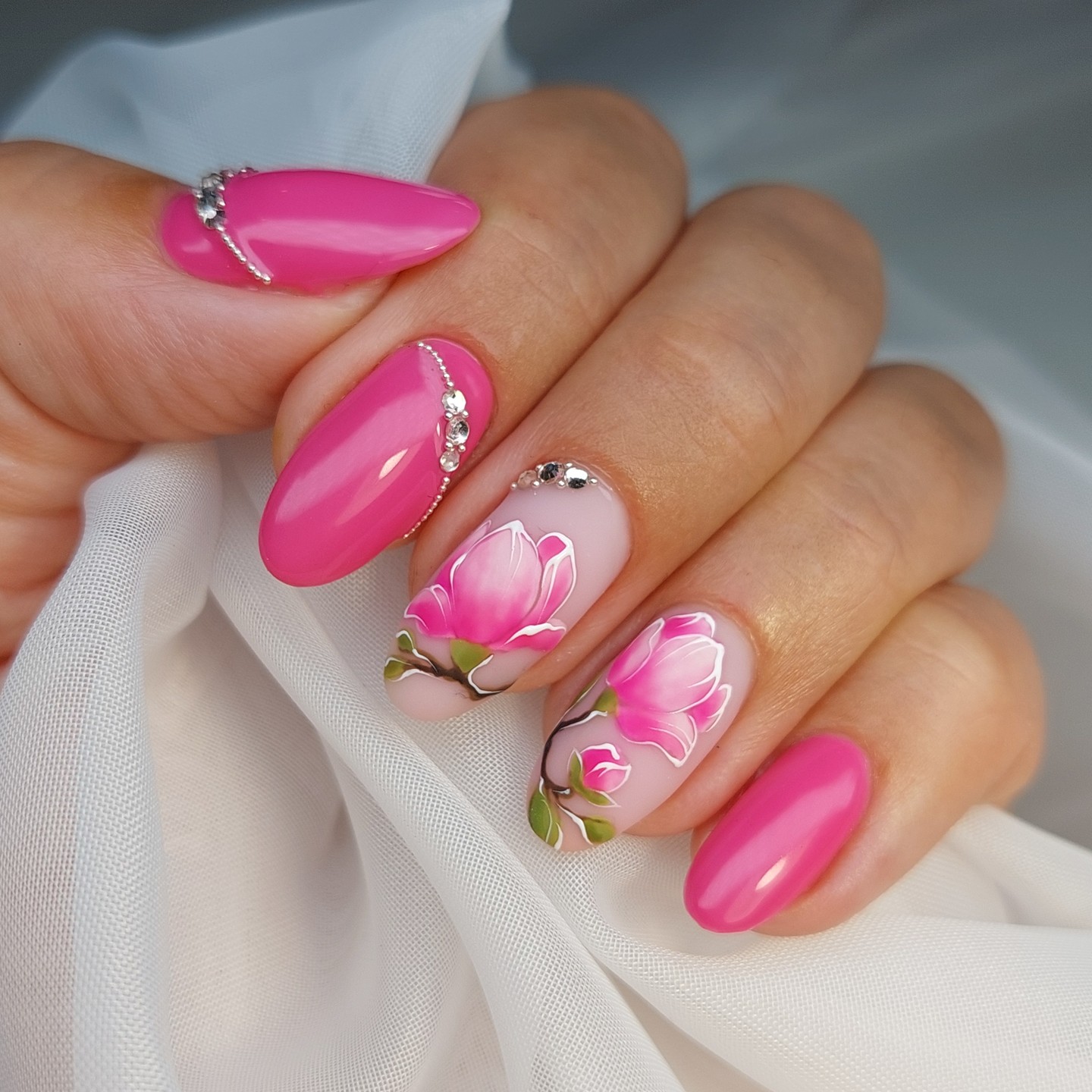 Hot Pink Nails With Flowers 5 1