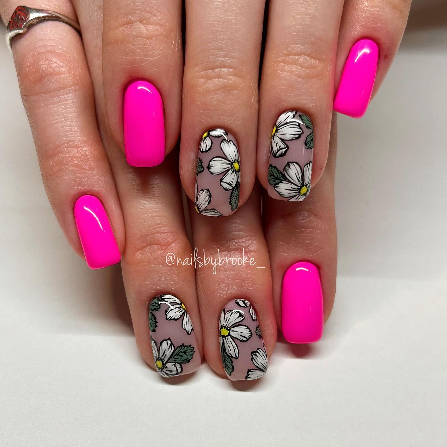 Hot Pink Nails With Flowers 7 1