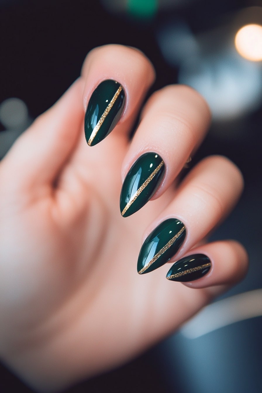 Deep Green Nails with Gold Stripe