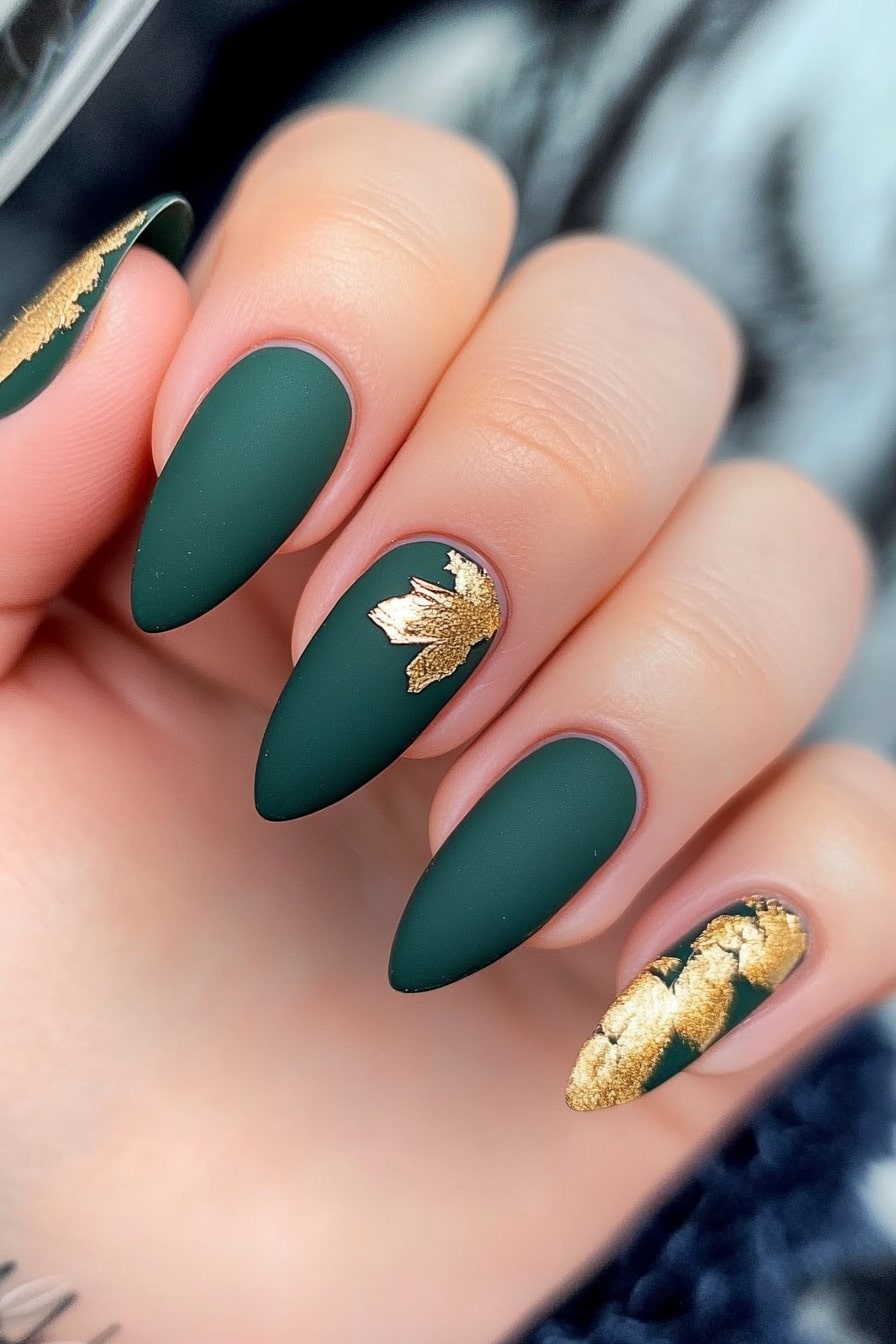 Matte Forest Green Nails with Gold Leaf Accents